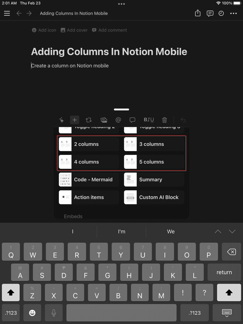 How to make columns in Notion—choosing the appropriate number of columns