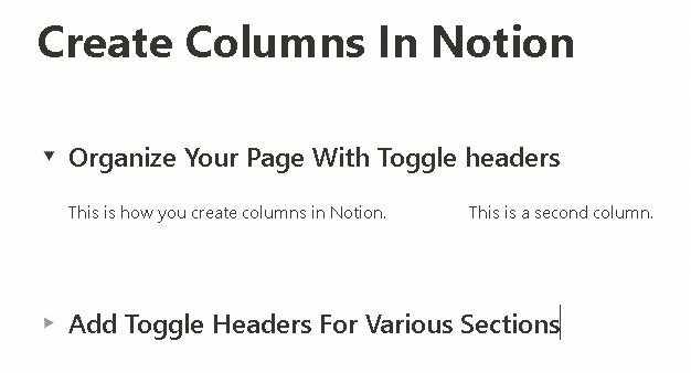 How to make columns in Notion—toggle headers