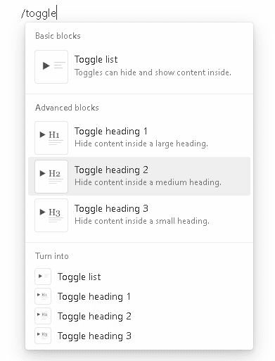 How to make columns in Notion—toggle options