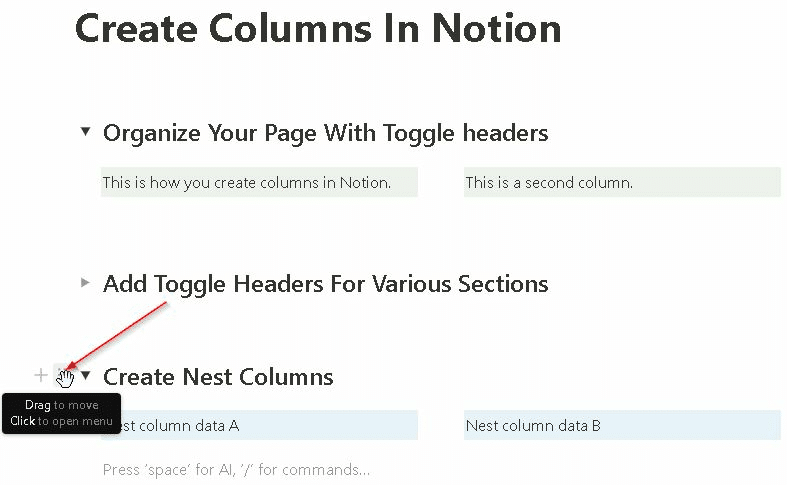 How to make columns in Notion—nested columns options