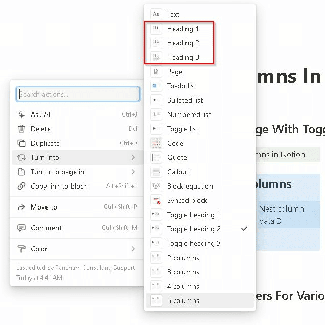 How to make columns in Notion—Headings 1,2,3