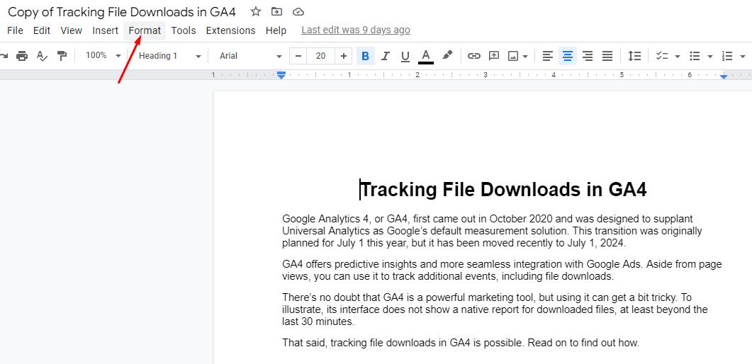 Google Docs format menu