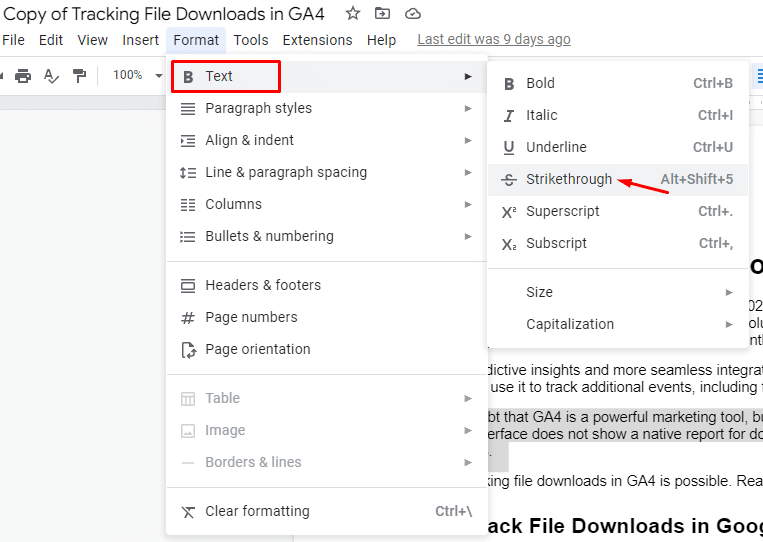 Google Docs—text and strikethrough options