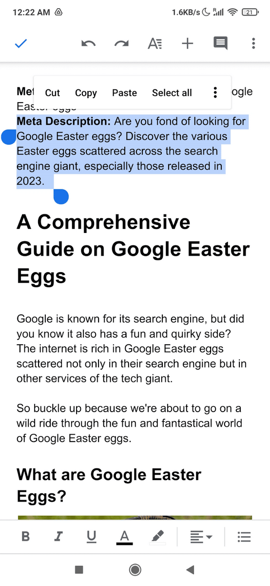 Google Docs mobile highlighted text