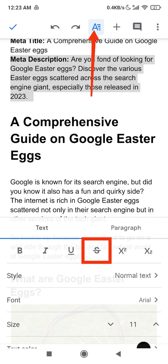 Google Docs—mobile strikethrough button