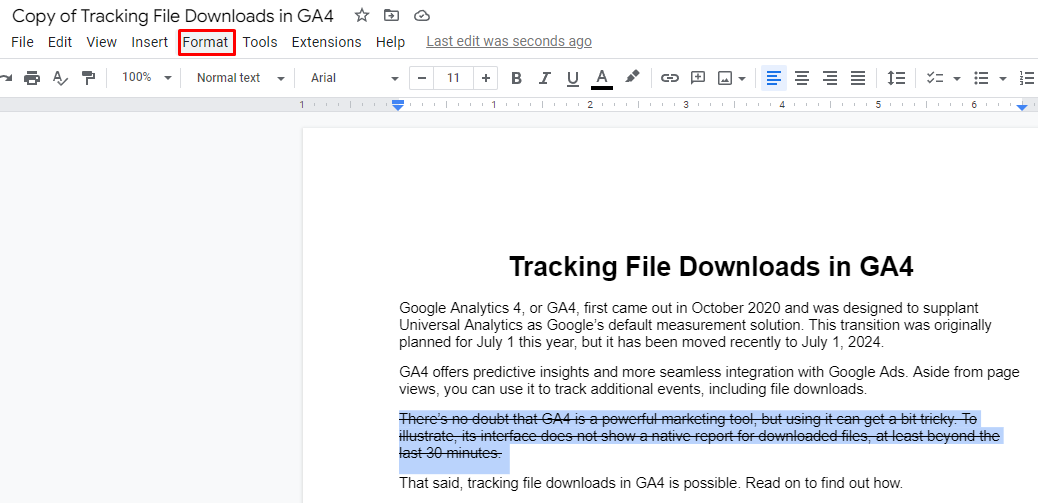 Google Docs format menu