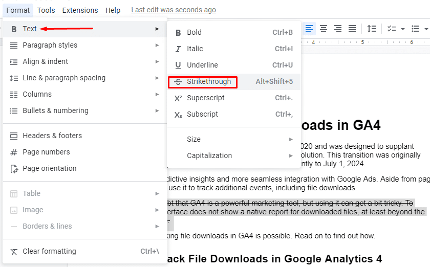 Google Docs highlighted strikethrough text