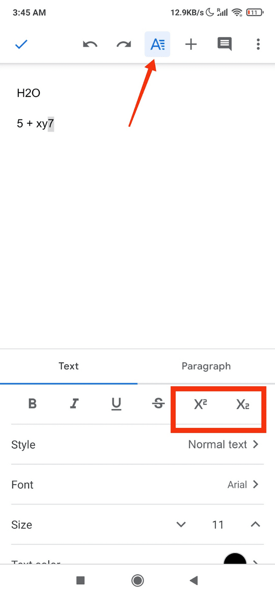 How to do subscript in Google Docs—where is the format button on Android Google Docs app