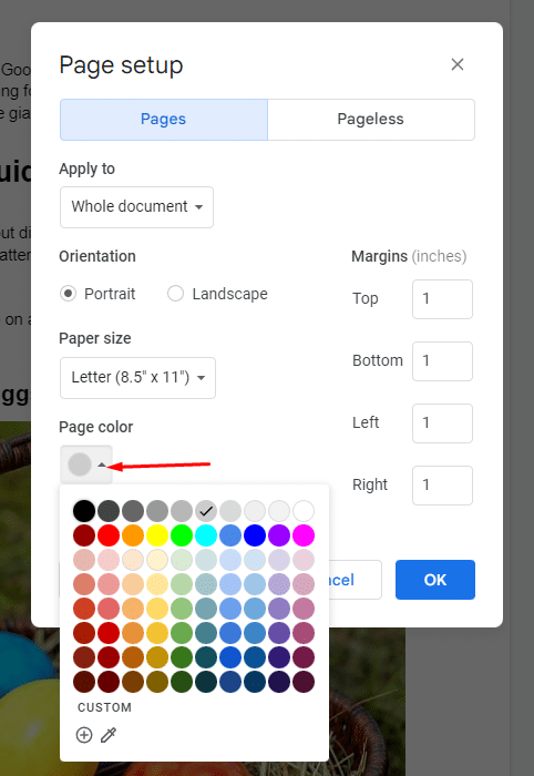 How to change background color on Google Docs—Choose page color