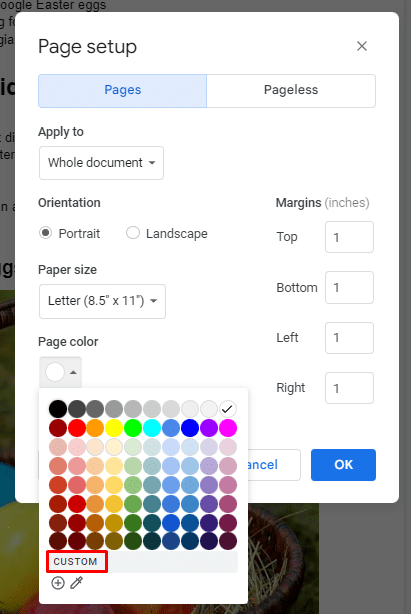 How to change background color on Google Docs—custom page color