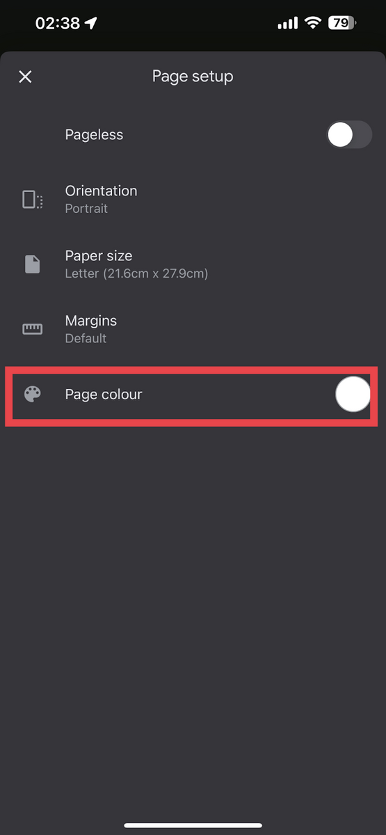 How to change background color on Google Docs—Mobile Google Docs page color option