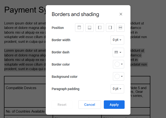 borders and shading options in google docs