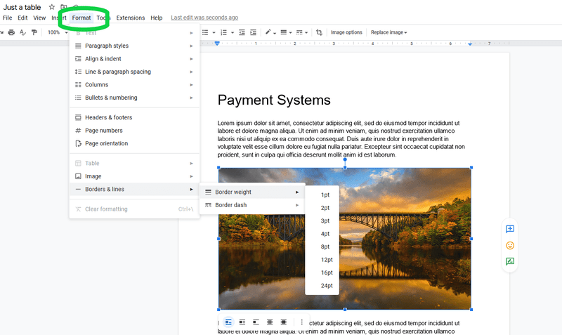 format, borders and lines, border weight