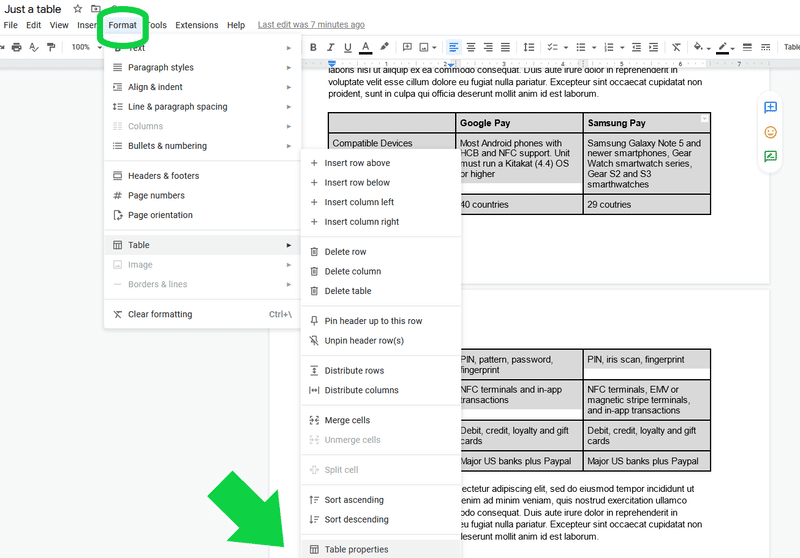 Table properties in google docs