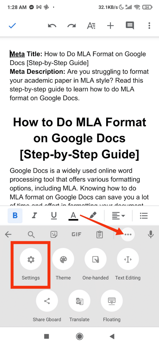 Google Docs mobile settings