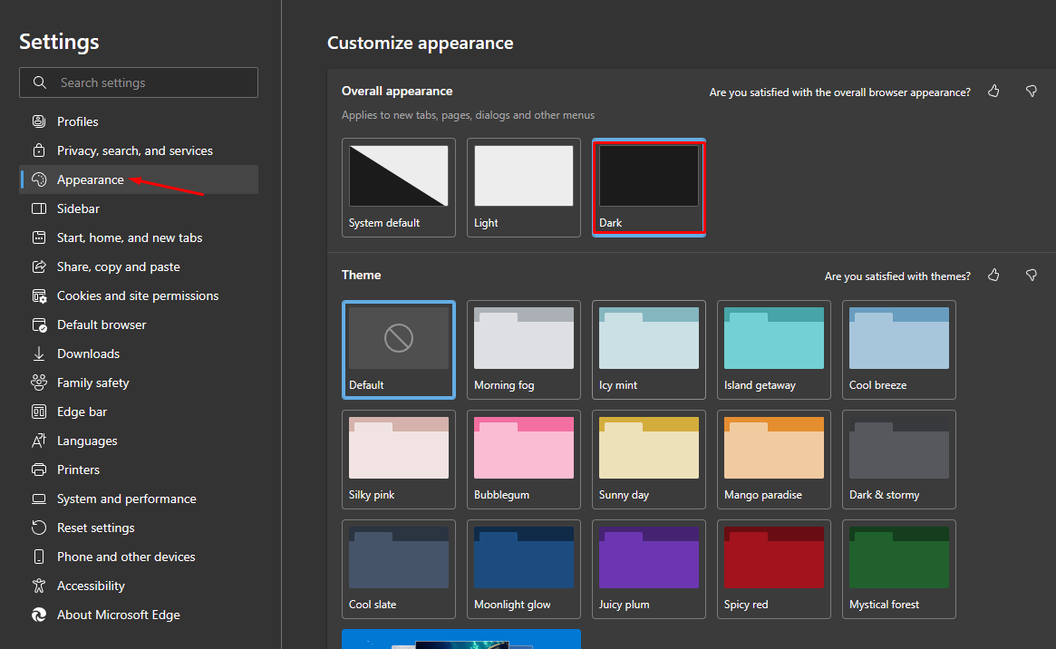 Microsoft Edge appearance option for dark mode