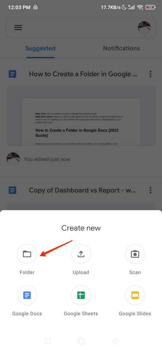 Create a new folder in google docs