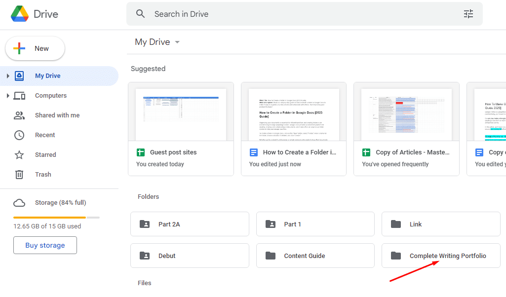 Navigate to the folder where you want to create the new Google Doc, and click on it to open.