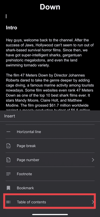 Apple smartphone table of contents option.