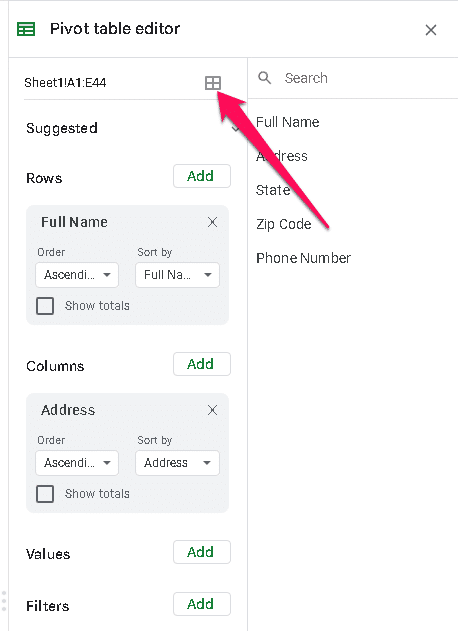 Pivot table editor