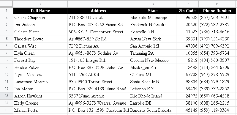 Sample spreadsheet of data, including name, address, number, state, and zip code.