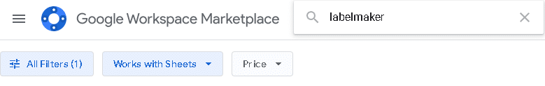 Google workspace marketplace search bar, searching for labelmaker. 