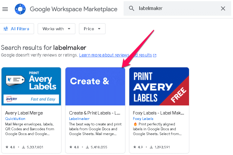 Google workspace marketplace, displaying the search for "Create & Print Labels - Label maker for Avery & Co."