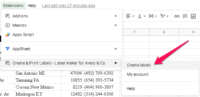 Google Sheets displaying how to create labels using Labelmaker.