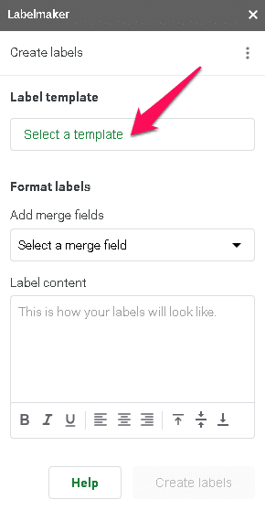 Google plugin, Labelmaker, displaying where to select a template for a label. 