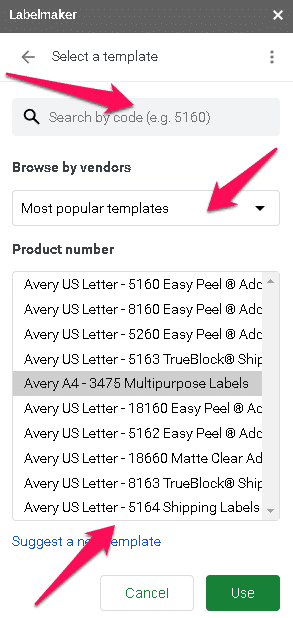 Labelmaker's label options, displayed via product numbers.