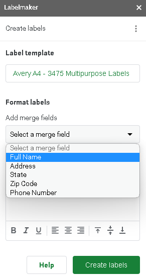 Labelmaker's dropdown menu, displaying the merge field options, including name, address, zip code, state, and number. 