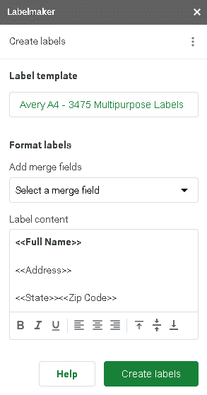 Labelmaker's "Label content" box displaying the label format of a pre-printed label. 