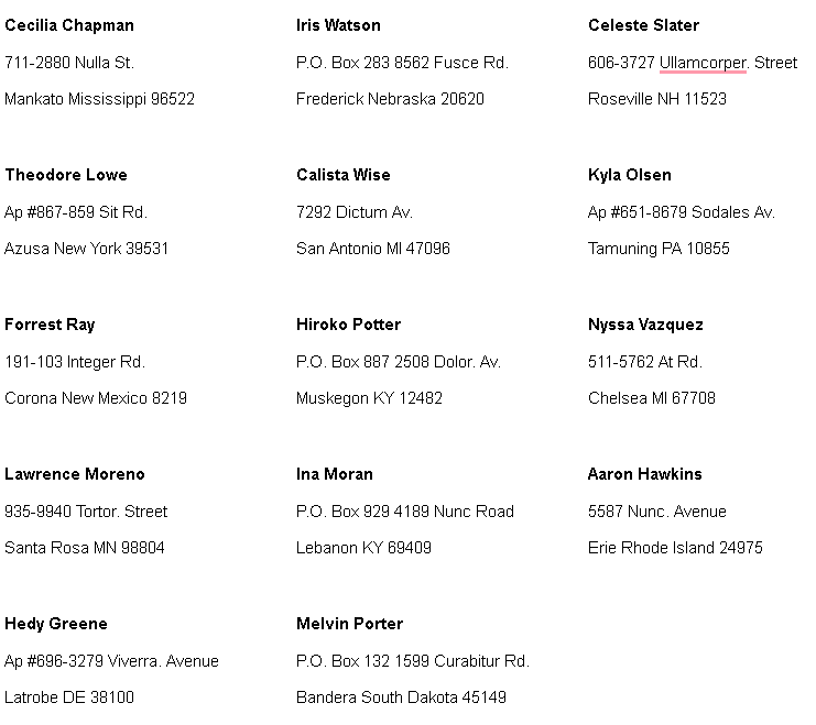 Display of the mailing data in the chosen format.