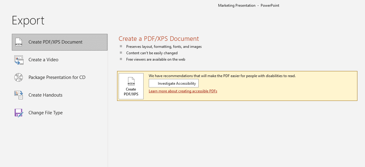 Create PDF/XPS Document in powerpoint