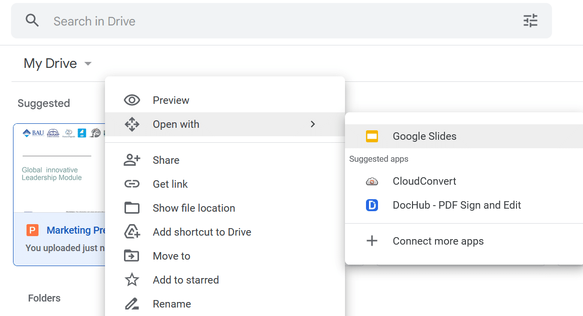 open with google slides selection