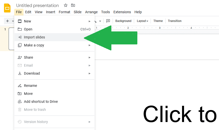 A new PowerPoint presentation showing the option to “Import slides” into Google Slides.