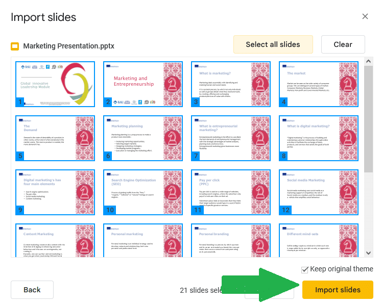 arrow pointing to import slides from ppt to slides