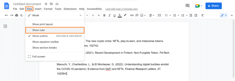 showing the ruler on google docs