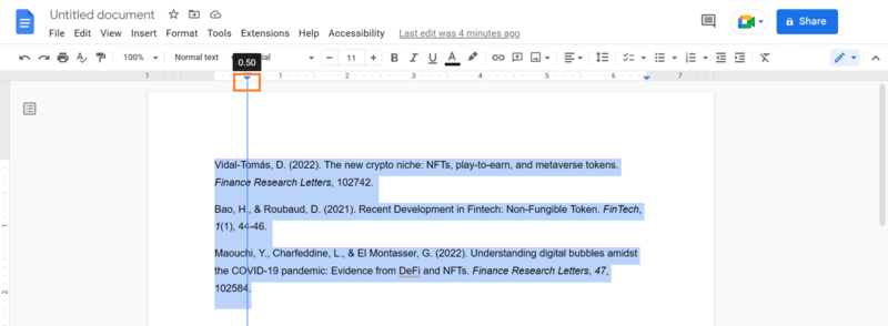 dragging the blue triangle marker on google docs ruler