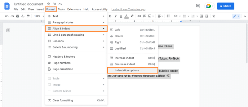 finding indentation options under “format” to “align and indent”