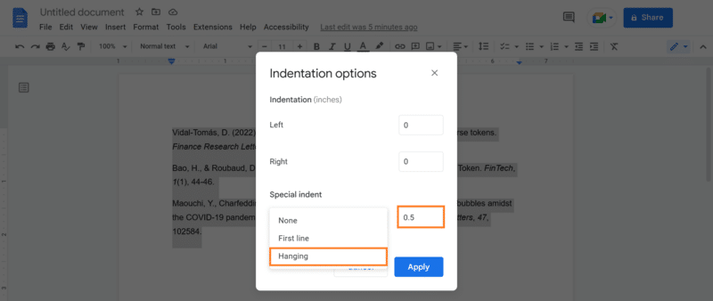 selecting special indent and setting depth to half an inch