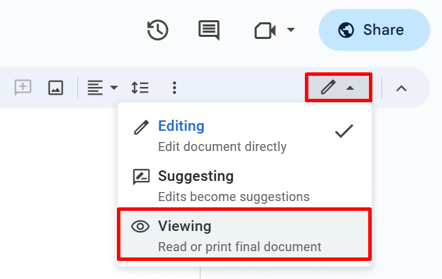 Easiest way to change viewing options in Google Docs