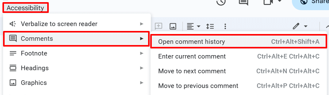 Opening the comment history in Google Docs