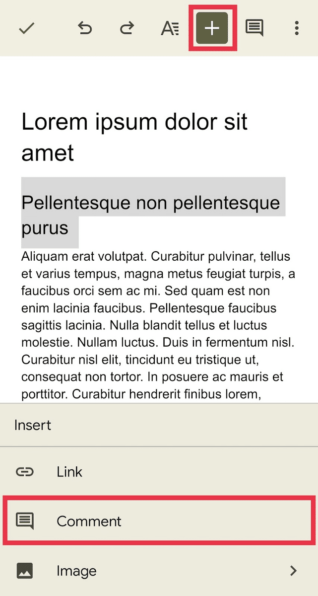 "insert a comment" option in Google Docs mobile app