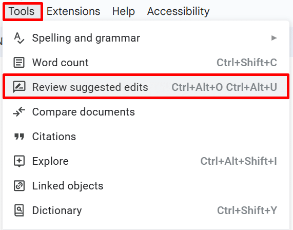 Where to find the "review suggested edits" option in GDocs