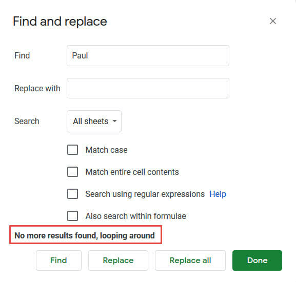 No more results message in Find and Replace