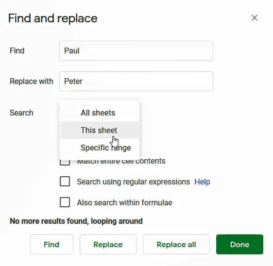 Search option in the range, sheet or the workbook