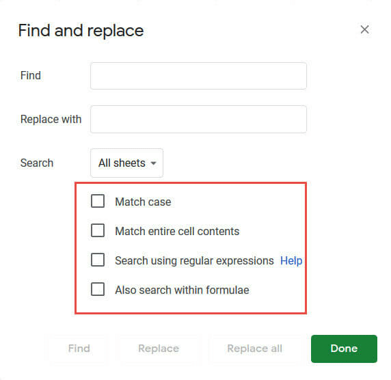 Find and replace options