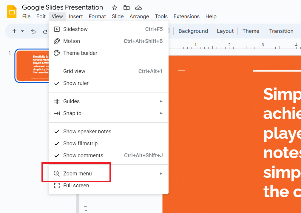 Where to find the zoom menu in Google Slides