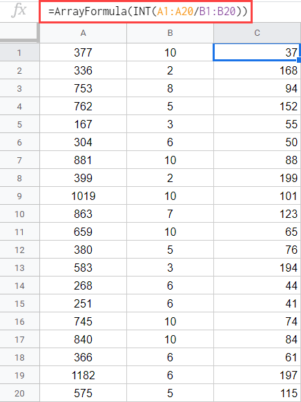 Array formula to divide without remainder in Google Sheets